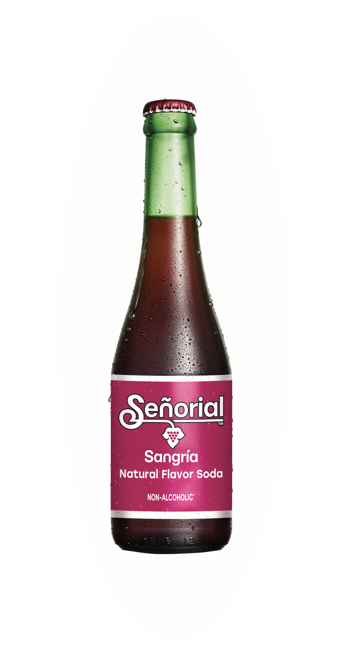 Bottle of Señorial Sangría natural flavor soda with condensation on the glass, shown on a clean white background.