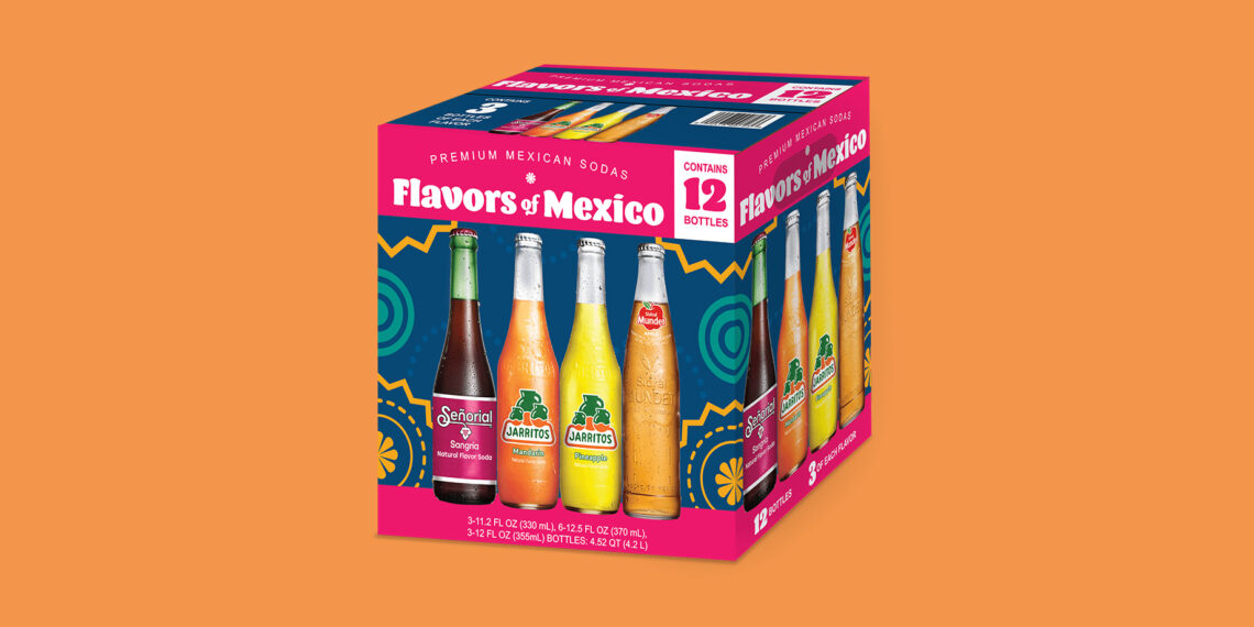 Flavors of Mexico 12-pack featuring Sangría Señorial, Jarritos, and Sidral Mundet, displayed against a vibrant orange background.