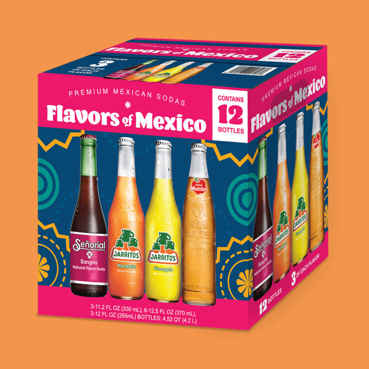 Flavors of Mexico 12-pack featuring Sangría Señorial, Jarritos, and Sidral Mundet, displayed against a vibrant orange background.