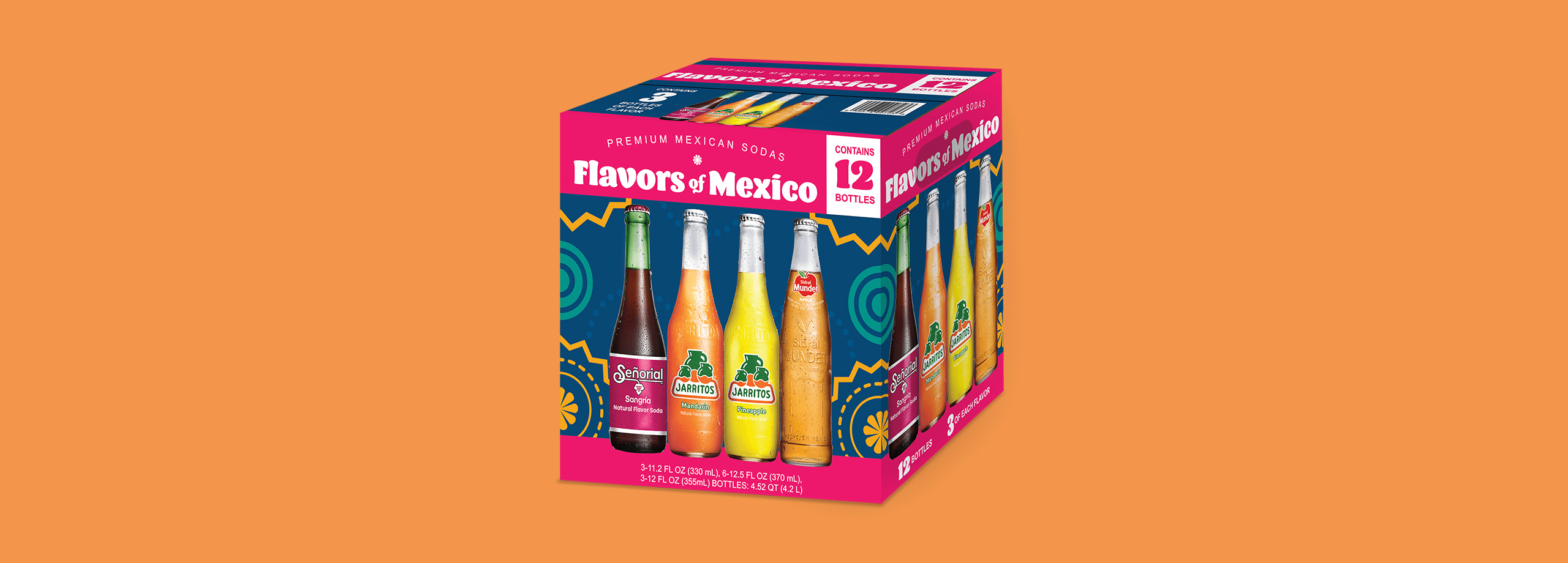 Flavors of Mexico 12-pack featuring Sangría Señorial, Jarritos, and Sidral Mundet, displayed against a vibrant orange background.