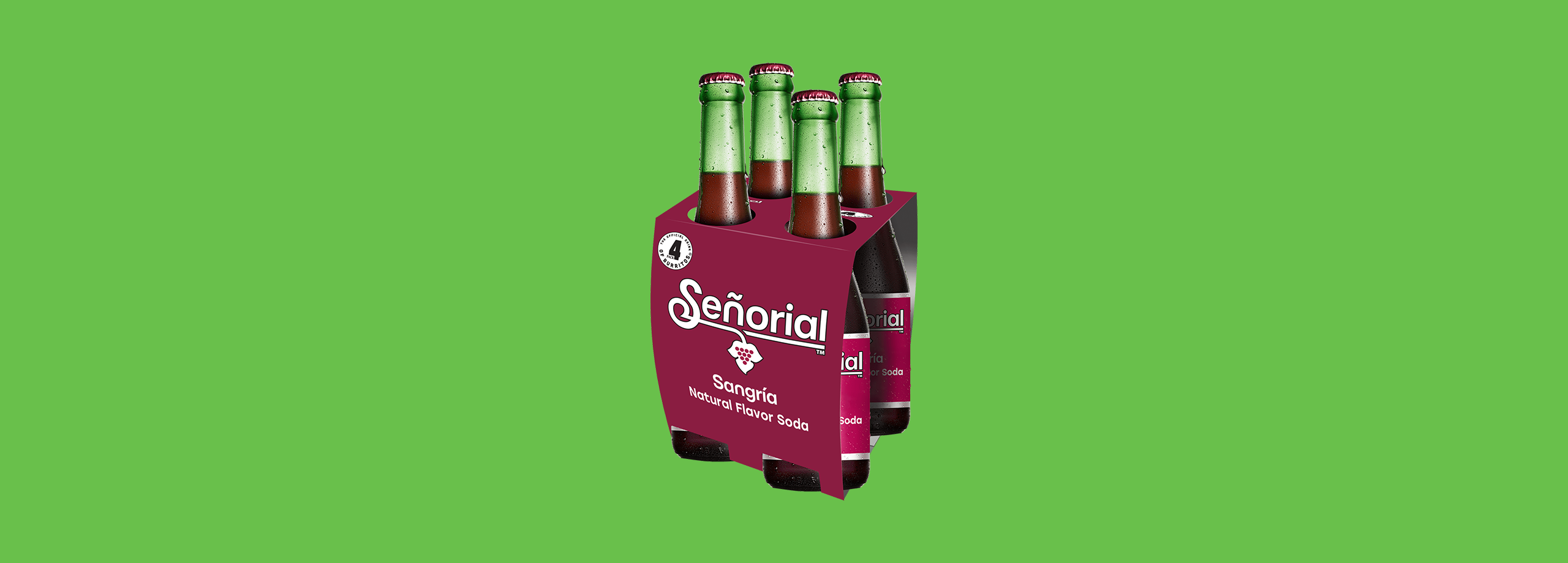 Sangría Señorial four-pack displayed against a bright green background, emphasizing its signature bottles and bold packaging.