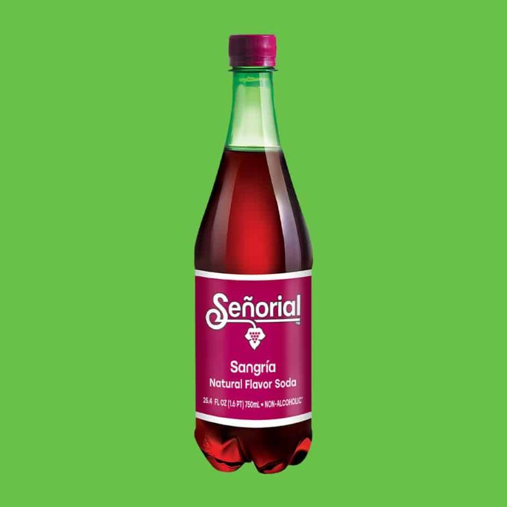 Sangria Senorial soda bottle with rich red color, featuring a classic label and a refreshing premium non-alcoholic beverage.