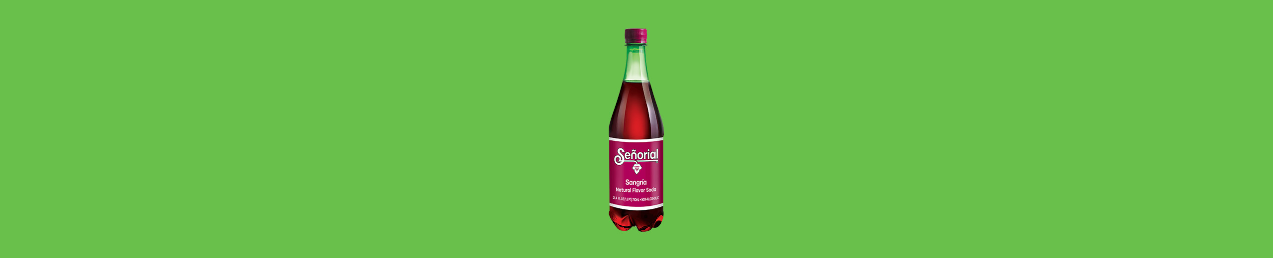 Bottle of Sangría Señorial natural flavor soda centered on a bright green background, showcasing its deep red color and classic label.