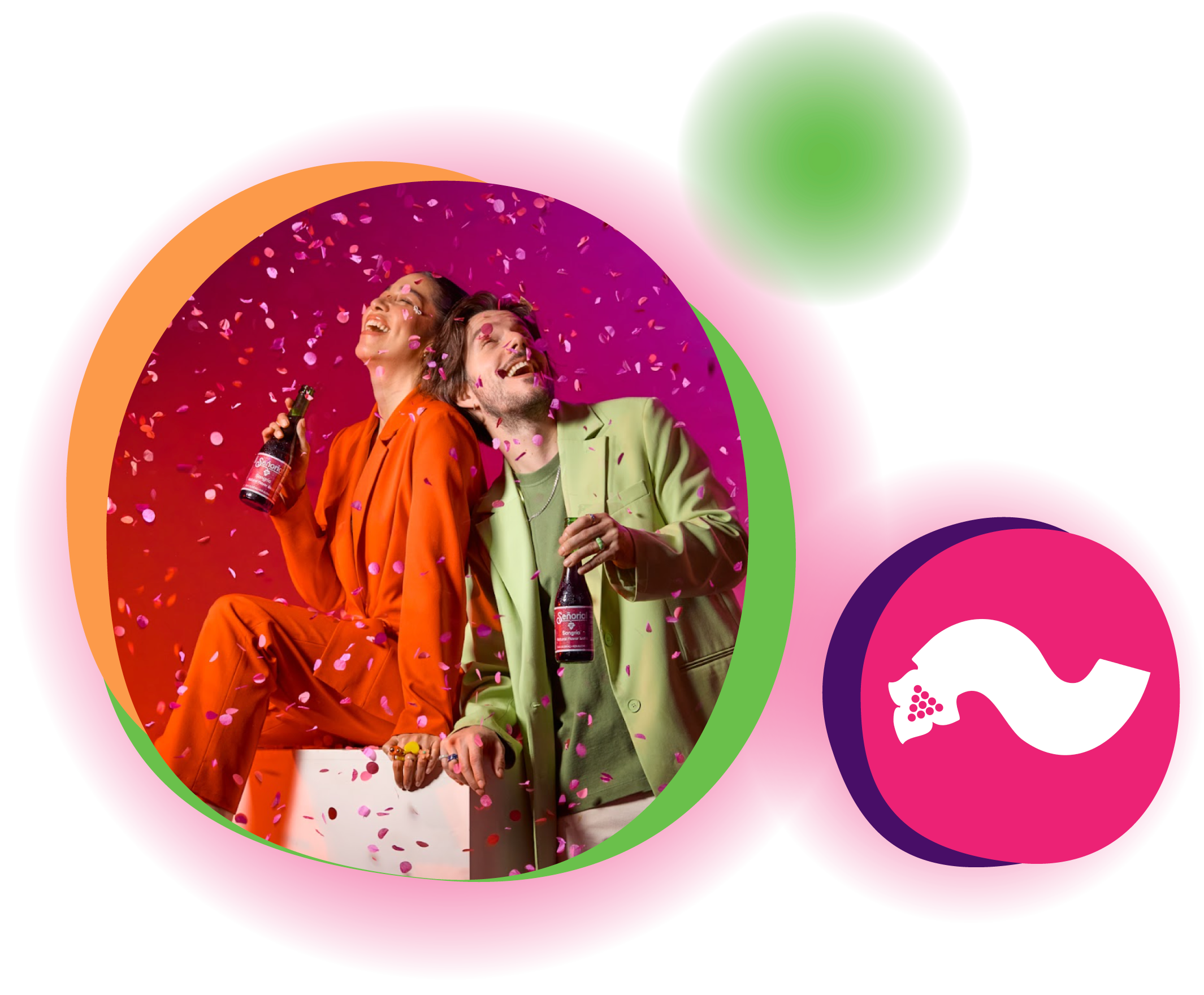 Two people celebrating with Sangría Señorial as colorful confetti falls around them, creating a vibrant, festive scene.